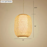 Bamboo Hanging Lantern For Restaurants - Asian Style Oval Design 1-Bulb Beige Ceiling Suspension