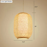 Bamboo Hanging Lantern For Restaurants - Asian Style Oval Design 1-Bulb Beige Ceiling Suspension