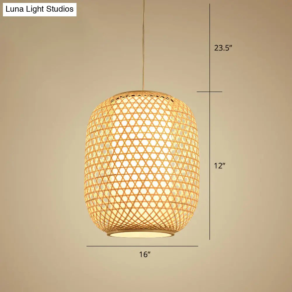 Bamboo Hanging Lantern For Restaurants - Asian Style Oval Design 1-Bulb Beige Ceiling Suspension