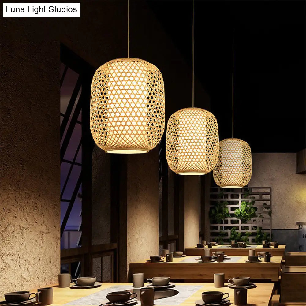 Bamboo Hanging Lantern For Restaurants - Asian Style Oval Design 1-Bulb Beige Ceiling Suspension