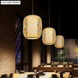 Bamboo Hanging Lantern For Restaurants - Asian Style Oval Design 1-Bulb Beige Ceiling Suspension