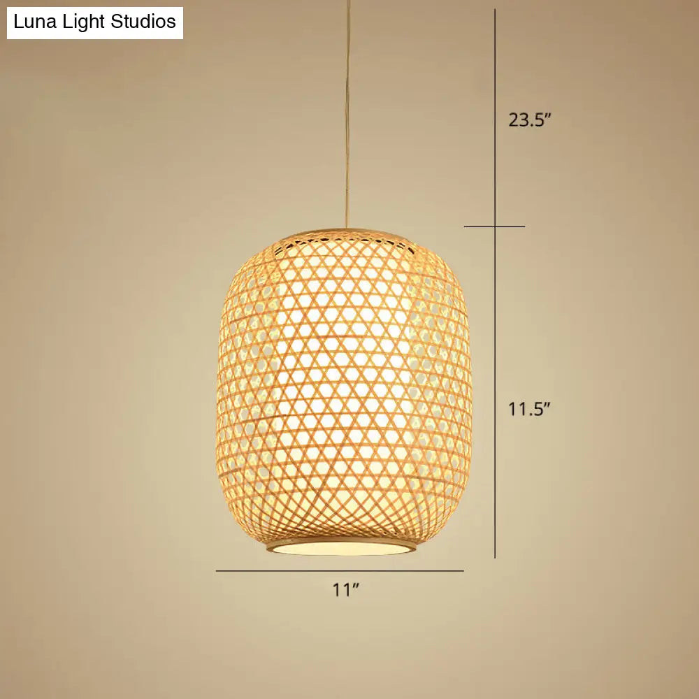 Bamboo Hanging Lantern For Restaurants - Asian Style Oval Design 1-Bulb Beige Ceiling Suspension
