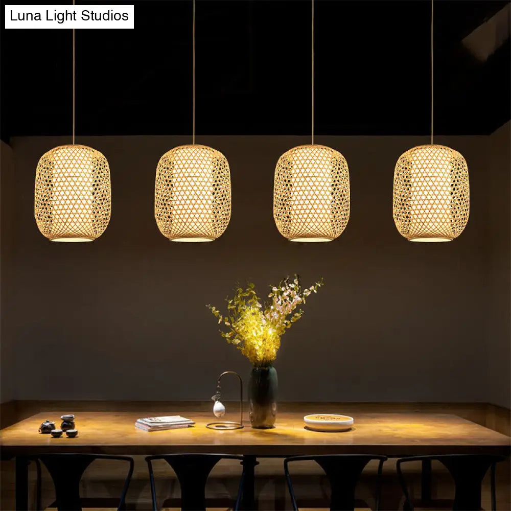 Bamboo Hanging Lantern For Restaurants - Asian Style Oval Design 1-Bulb Beige Ceiling Suspension