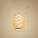 Bamboo Hanging Lantern For Restaurants - Asian Style Oval Design 1-Bulb Beige Ceiling Suspension