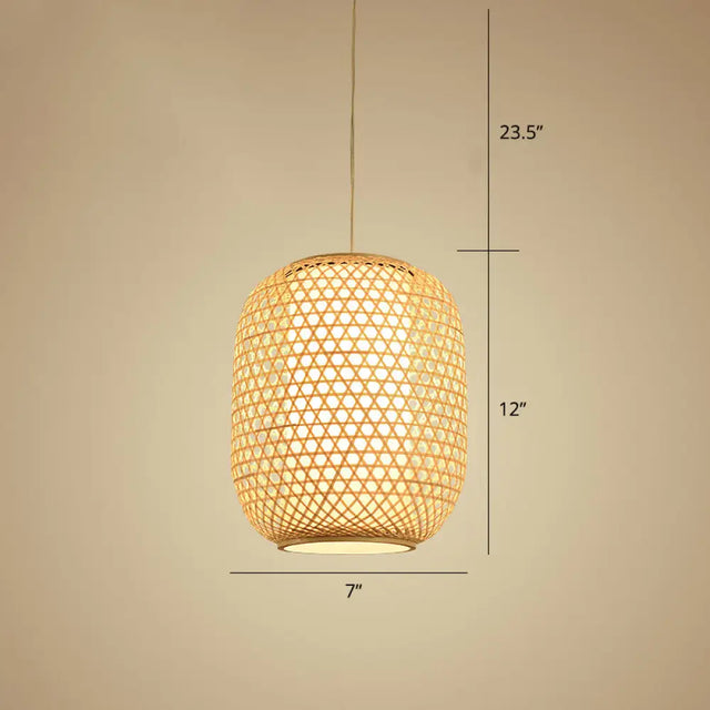 Bamboo Hanging Lantern For Restaurants - Asian Style Oval Design 1-Bulb Beige Ceiling Suspension