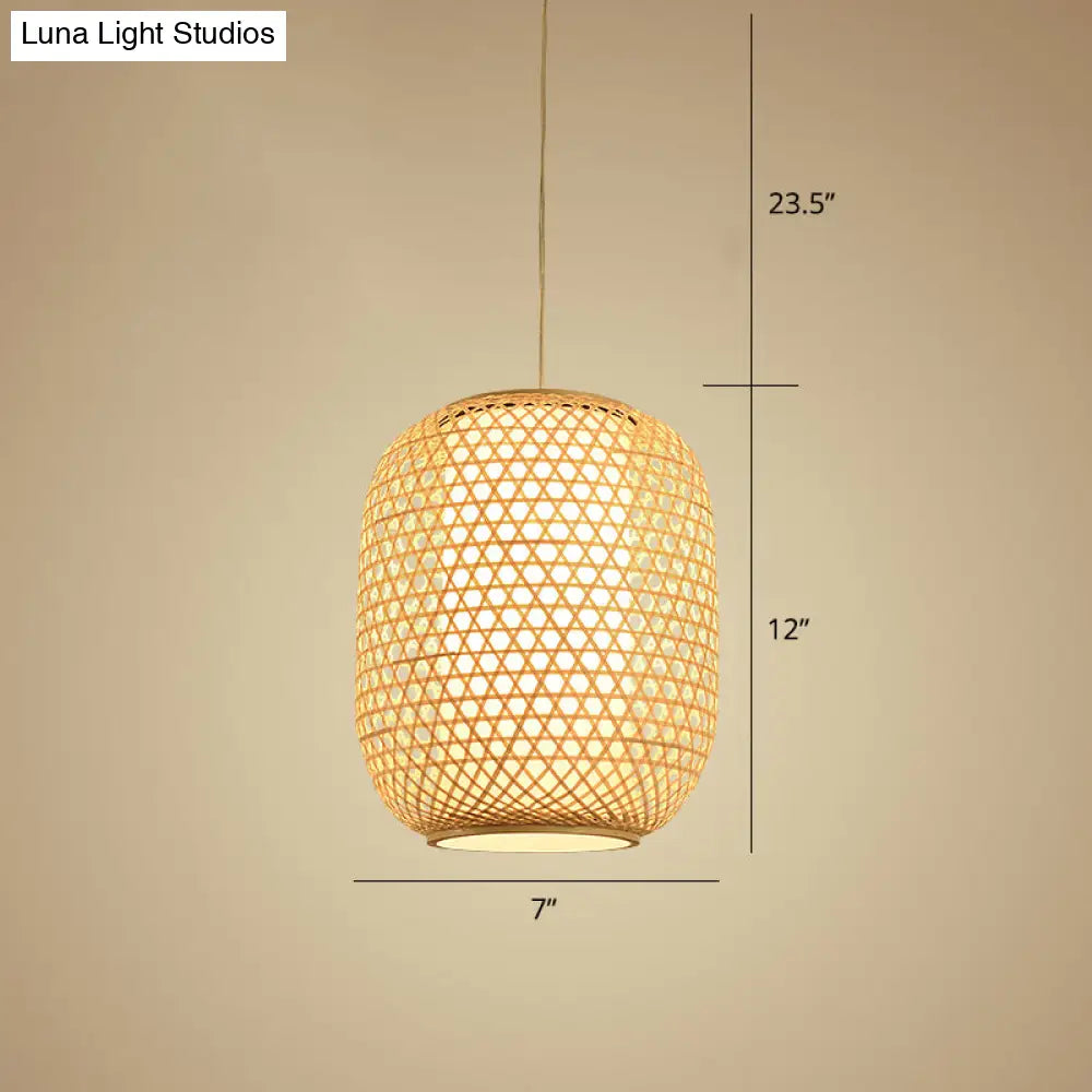 Bamboo Hanging Lantern For Restaurants - Asian Style Oval Design 1-Bulb Beige Ceiling Suspension