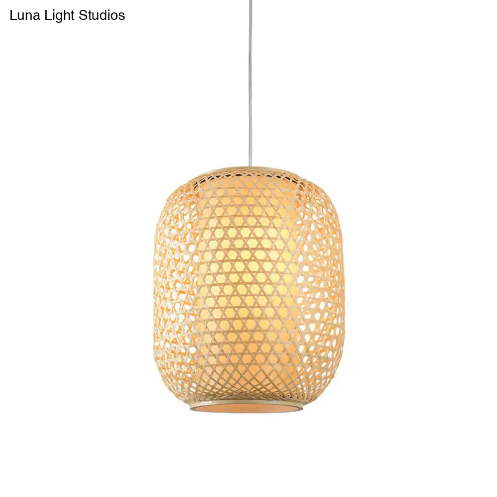 Bamboo Hanging Lantern For Restaurants - Asian Style Oval Design 1-Bulb Beige Ceiling Suspension
