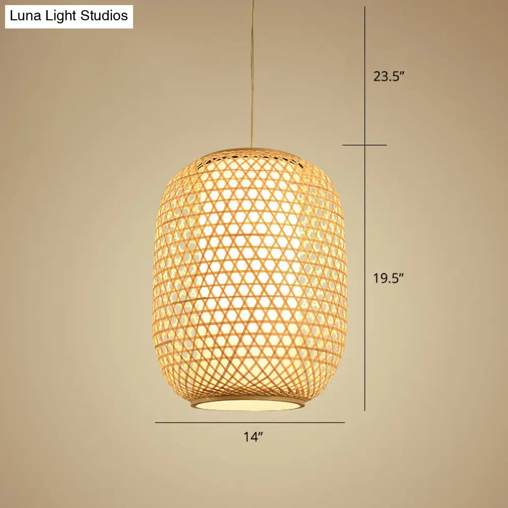Bamboo Hanging Lantern For Restaurants - Asian Style Oval Design 1-Bulb Beige Ceiling Suspension