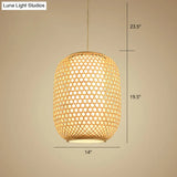 Bamboo Hanging Lantern For Restaurants - Asian Style Oval Design 1-Bulb Beige Ceiling Suspension