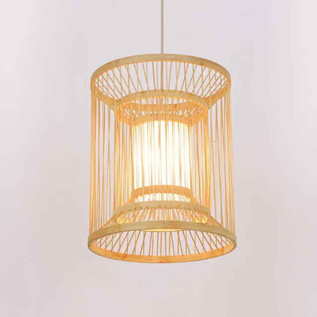 Bamboo Japanese Hanging Light - 1 Bulb Cylindrical Wood Pendant Fixture (12/16 Wide)