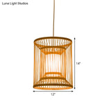 Bamboo Japanese Hanging Light - 1 Bulb Cylindrical Wood Pendant Fixture (12/16 Wide)