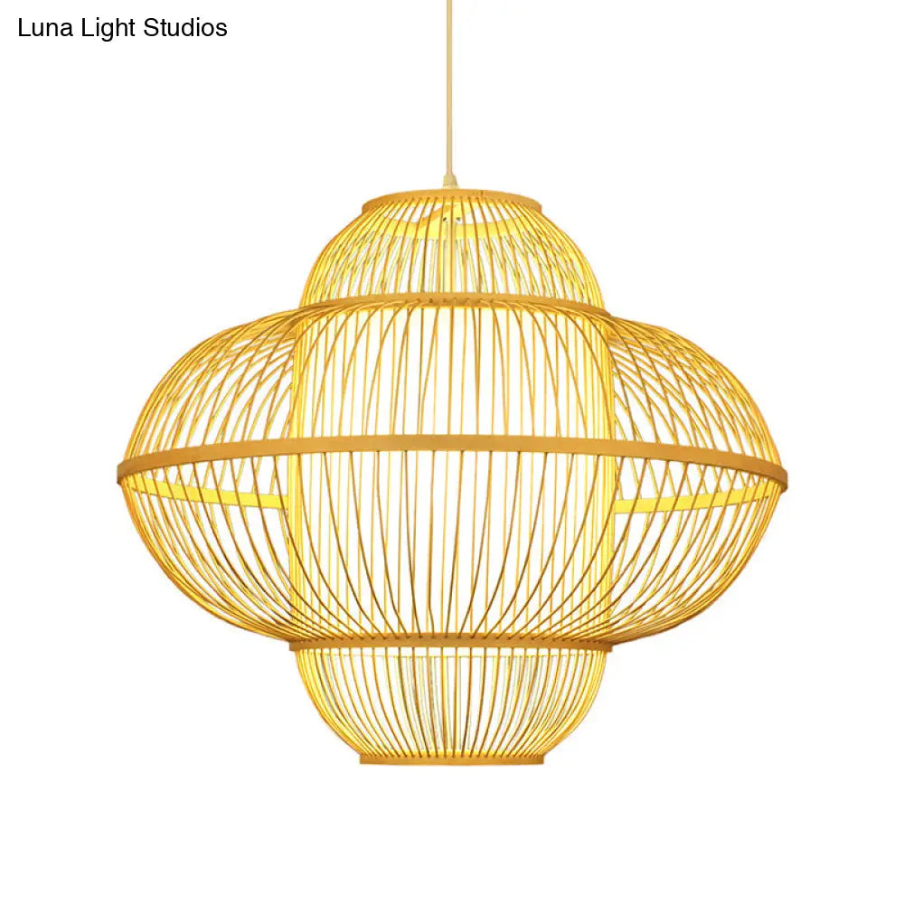 Bamboo Lantern Pendant Lamp - Beige Hanging Ceiling Light 18/23.5 Wide