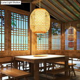 Bamboo Lantern Suspension Pendant: Retro Wood Hanging Light Kit With Fabric Shade