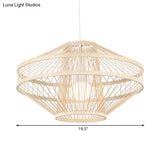 Bamboo Modernist Style Ceiling Fixture - Flying Saucer Design 16/19.5 Width 1-Bulb Wood Pendant Lamp