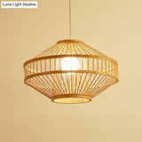 Bamboo Modernist Style Ceiling Fixture - Flying Saucer Design 16/19.5 Width 1-Bulb Wood Pendant Lamp