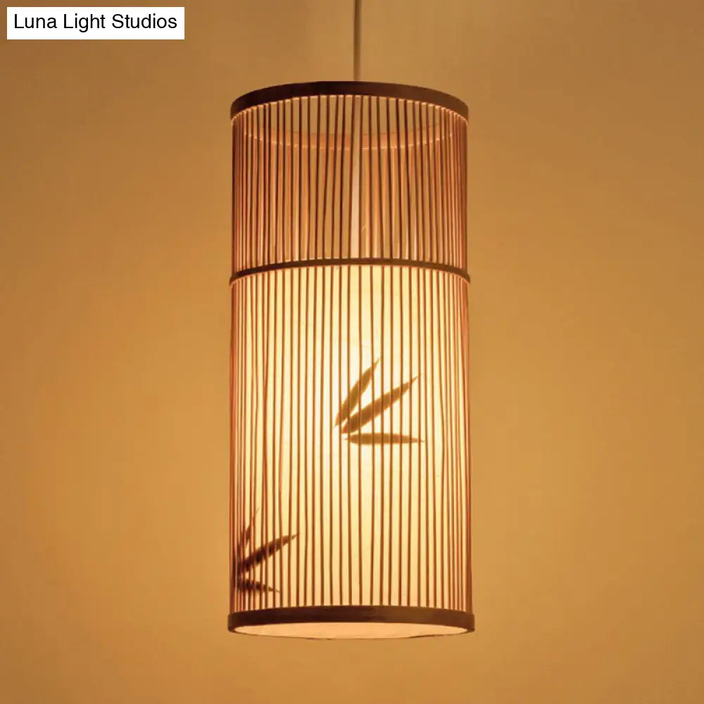 Bamboo Pendant Ceiling Light With Wood Cylindrical Pendulum - Asian Style Single Bulb Ideal For