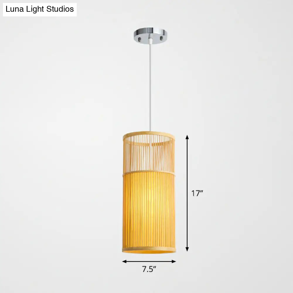 Bamboo Pendant Ceiling Light With Wood Cylindrical Pendulum - Asian Style Single Bulb Ideal For