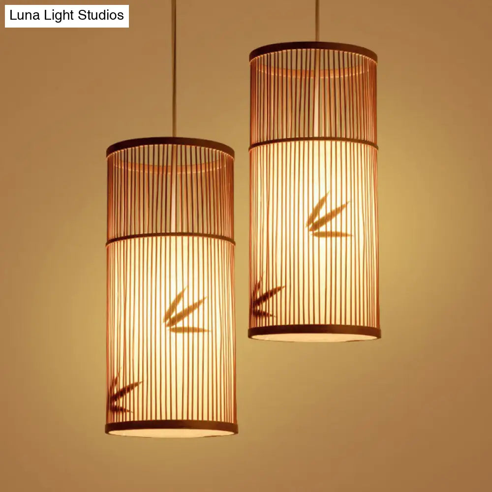 Bamboo Pendant Ceiling Light With Wood Cylindrical Pendulum - Asian Style Single Bulb Ideal For