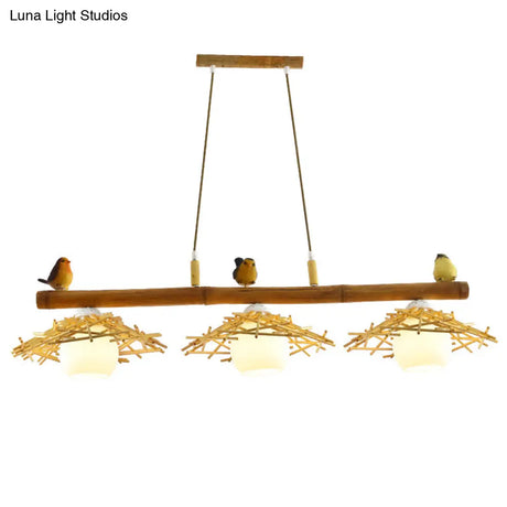Bamboo Pendant Lighting: Conical Island Light With White Glass Shade