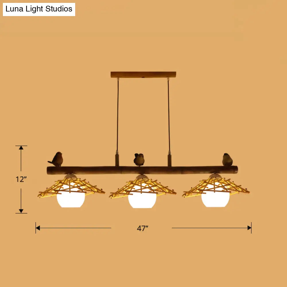 Bamboo Pendant Lighting: Conical Island Light With White Glass Shade