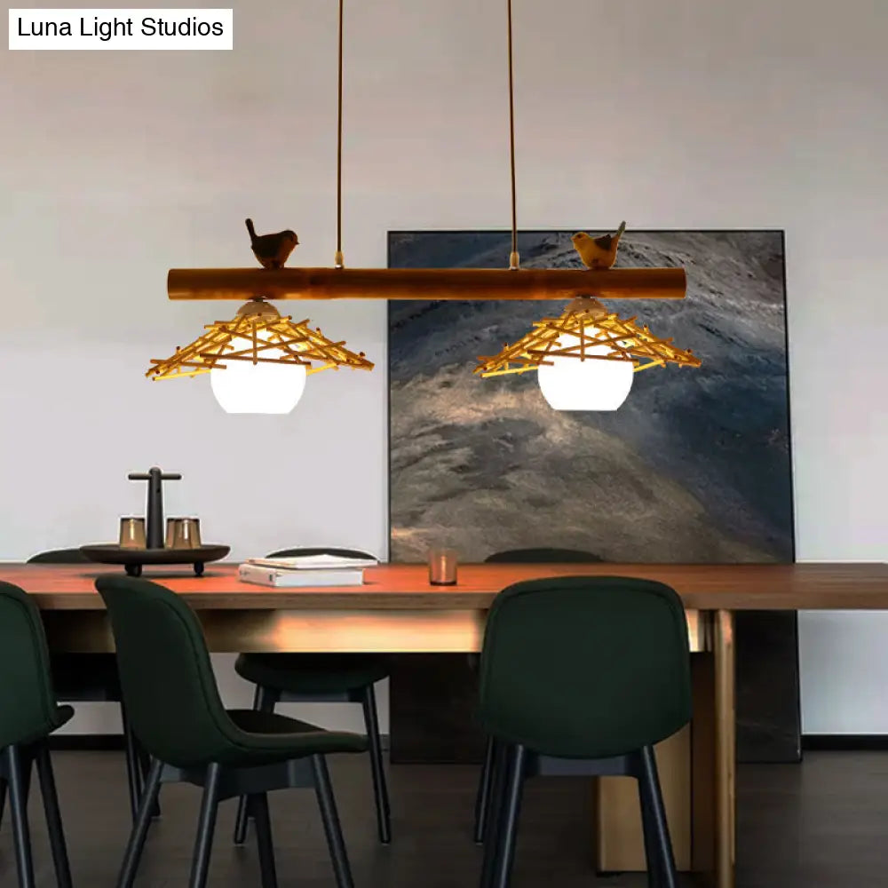 Bamboo Pendant Lighting: Conical Island Light With White Glass Shade