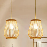 Bamboo Shade Pendant Ceiling Light - Asian Style Hanging Lamp Beige 7/8 Wide