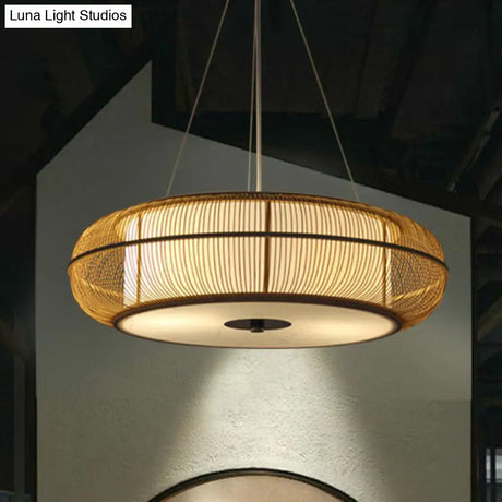 Bamboo Tea Room Chandelier - Curved Drum Suspension Light With South-East Asian Influence