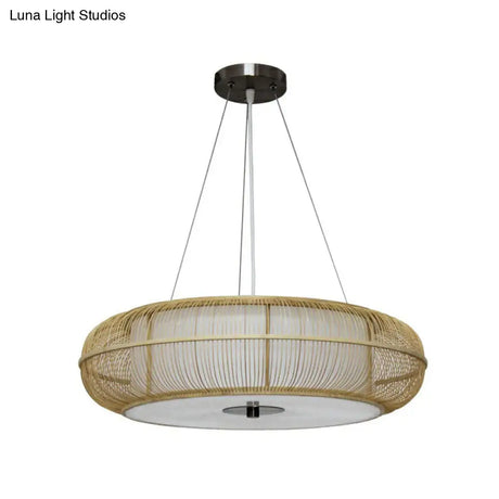 Bamboo Tea Room Chandelier - Curved Drum Suspension Light With South-East Asian Influence