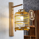 Bamboo Wall Mount Sconce Lamp With Asian Flair - Wood Cage Design 1 Bulb White Bird Deco