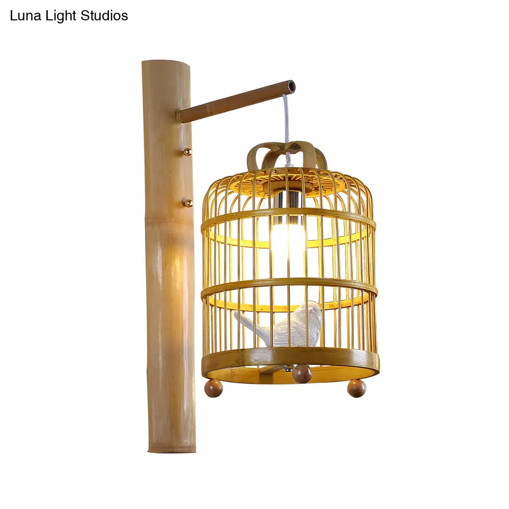 Bamboo Wall Mount Sconce Lamp With Asian Flair - Wood Cage Design 1 Bulb White Bird Deco