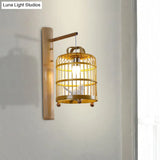 Bamboo Wall Mount Sconce Lamp With Asian Flair - Wood Cage Design 1 Bulb White Bird Deco