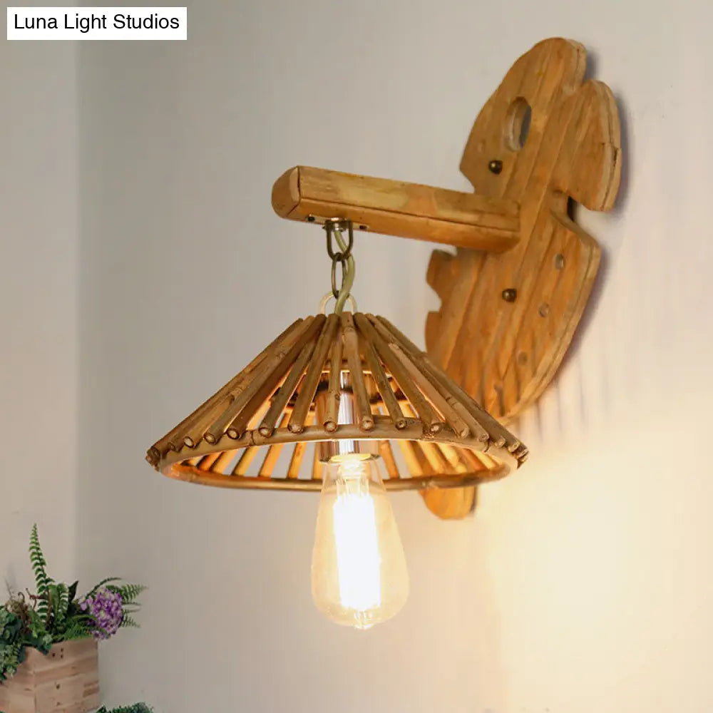 Bamboo Wall Sconce With Asian-Inspired Design And Wood Backplate In Beige