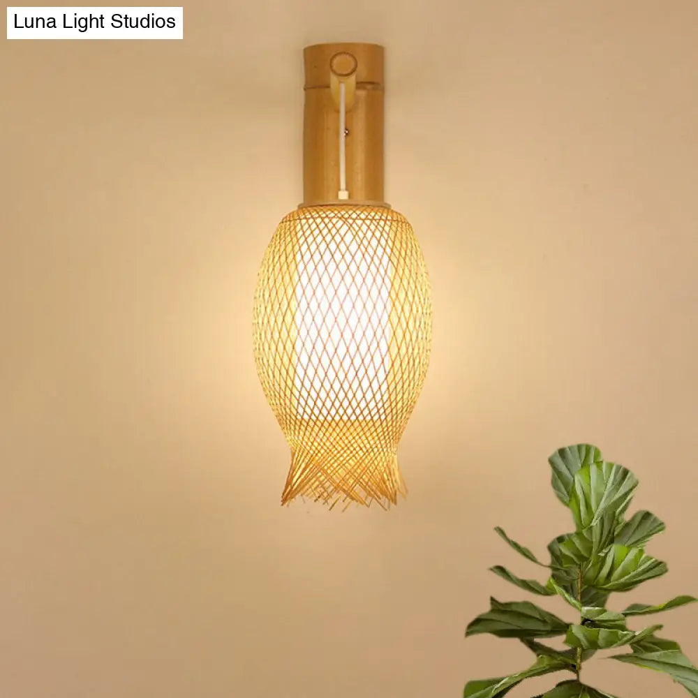 Bamboo Wall Sconce With Asian Style And Beige Oblong Shade - Hand Woven 1-Bulb Lamp