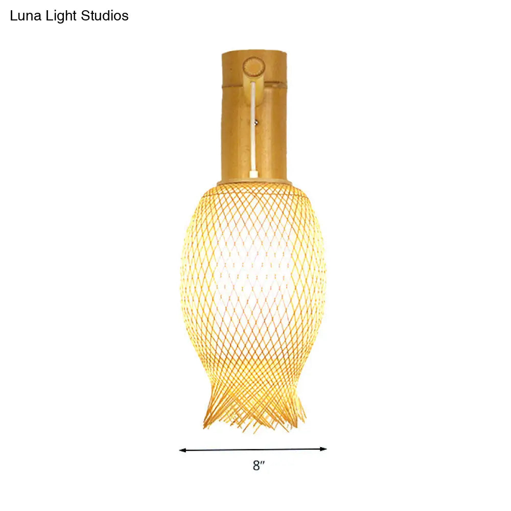 Bamboo Wall Sconce With Asian Style And Beige Oblong Shade - Hand Woven 1-Bulb Lamp