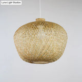 Bamboo Weaving Ceiling Lamp: Asian Crock Design 1 Light Pendant In Beige For Living Room
