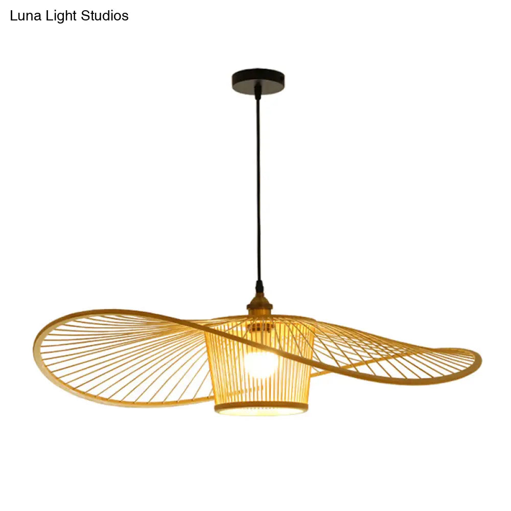 Bamboo Weaving Drum Shade Hanging Light With Fishermans Hat Design - Perfect For Dining Room