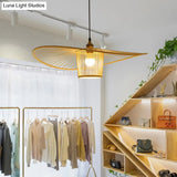 Bamboo Weaving Drum Shade Hanging Light With Fishermans Hat Design - Perfect For Dining Room