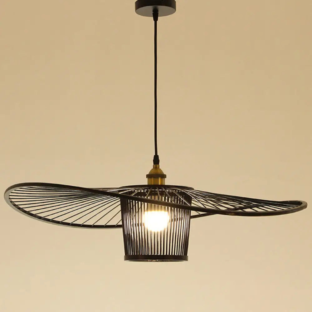 Bamboo Weaving Drum Shade Hanging Light With Fishermans Hat Design - Perfect For Dining Room