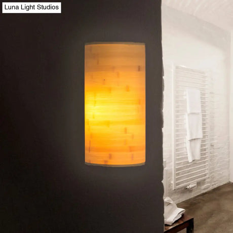 Bamboo Wood Asian Style Wall Mount Lamp With 2 Bulbs - Half-Round Sconce For Hallway Lighting
