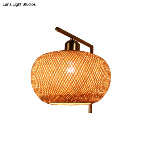 Bamboo Woven Wall Lantern - Chinese Style Wood Mounted Light Fixture With Criss-Cross Design