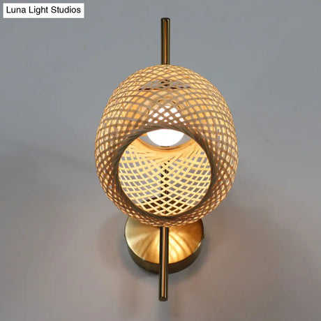 Bamboo Woven Wall Lantern - Chinese Style Wood Mounted Light Fixture With Criss-Cross Design