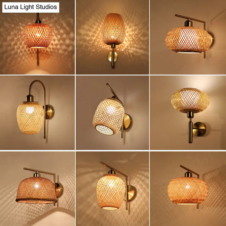 Bamboo Woven Wall Lantern - Chinese Style Wood Mounted Light Fixture With Criss-Cross Design