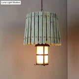 Bar Hanging Light Kit - Opal Glass Lantern Pendant With Barrel Wood Design In Black
