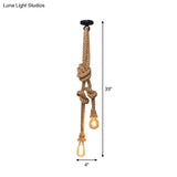 Bare Bulb Design Hemp Rope Ceiling Pendant Light - Brown Knot Farmhouse Style