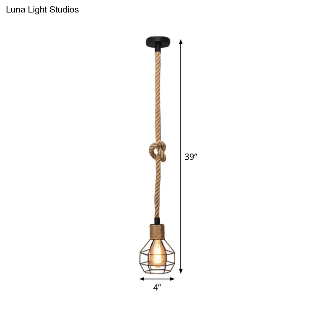 Bare Bulb Design Hemp Rope Ceiling Pendant Light - Brown Knot Farmhouse Style