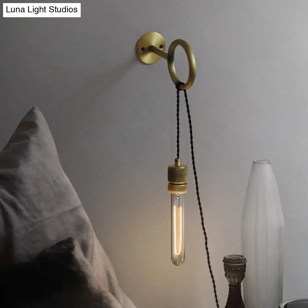 Bare Bulb Iron Gold Sconce Wall Lighting: 1-Head Colonial Mounted Light Fixture With Ring Design