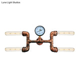 Bare Bulb Rustic Iron Wall Sconce With Gauge Deco - 4-Light Copper Mount For Dining Room
