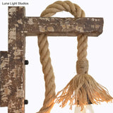 Bare Bulb Wall Light Fixture Beige Jute Rope Wood Backplate Warehouse Style