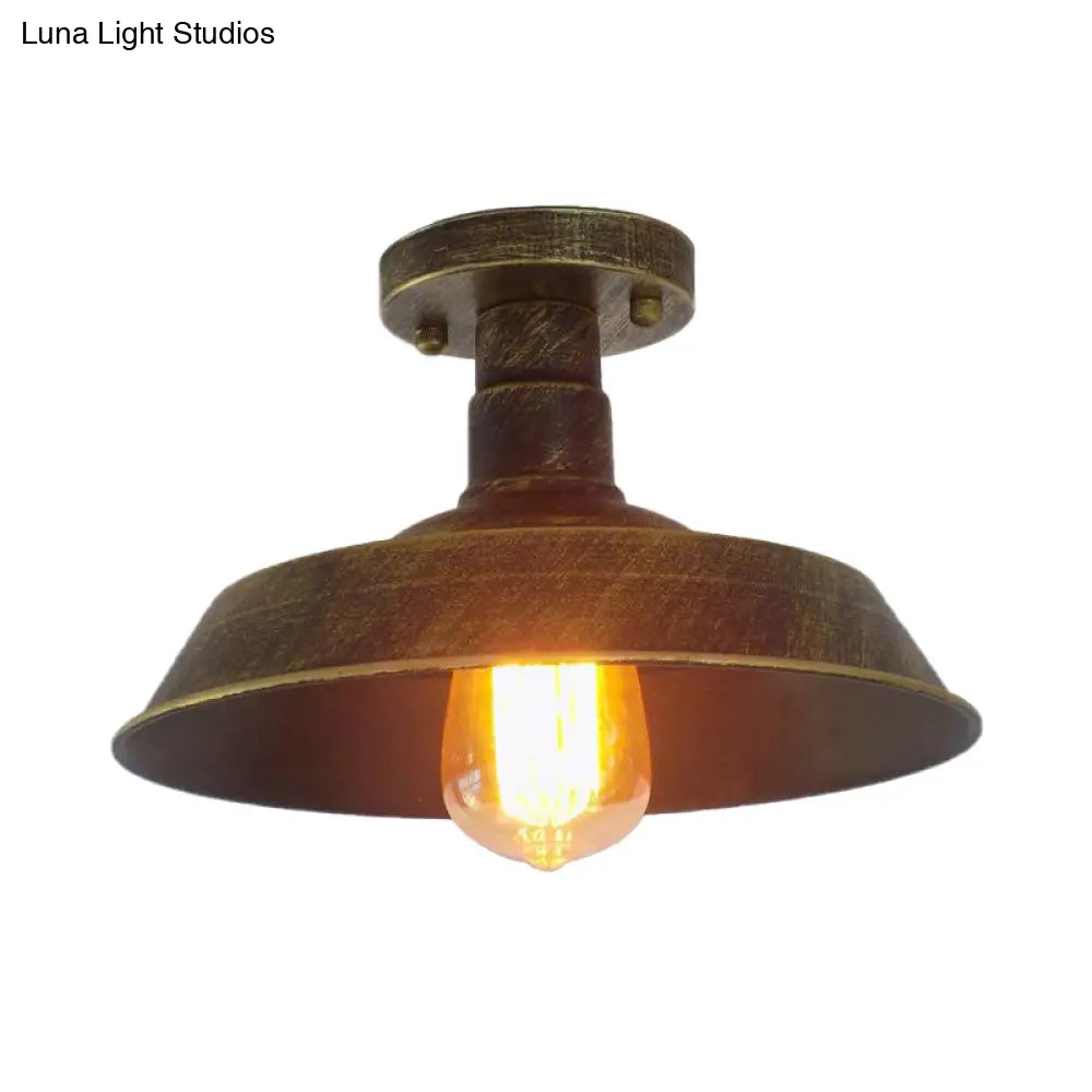 Barn Shade Semi-Flush Mount Ceiling Light In Aged Silver/Weathered Copper For Farmhouse Decor