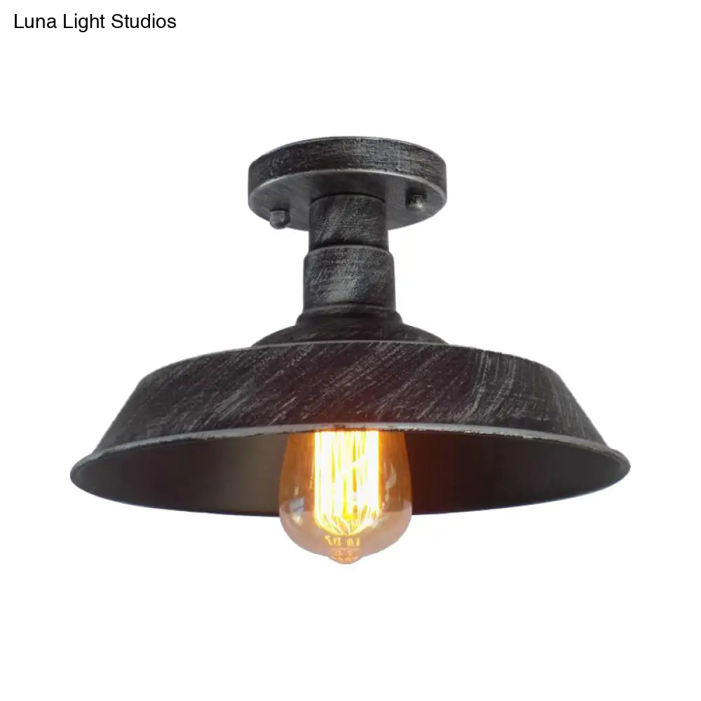 Barn Shade Semi-Flush Mount Ceiling Light In Aged Silver/Weathered Copper For Farmhouse Decor